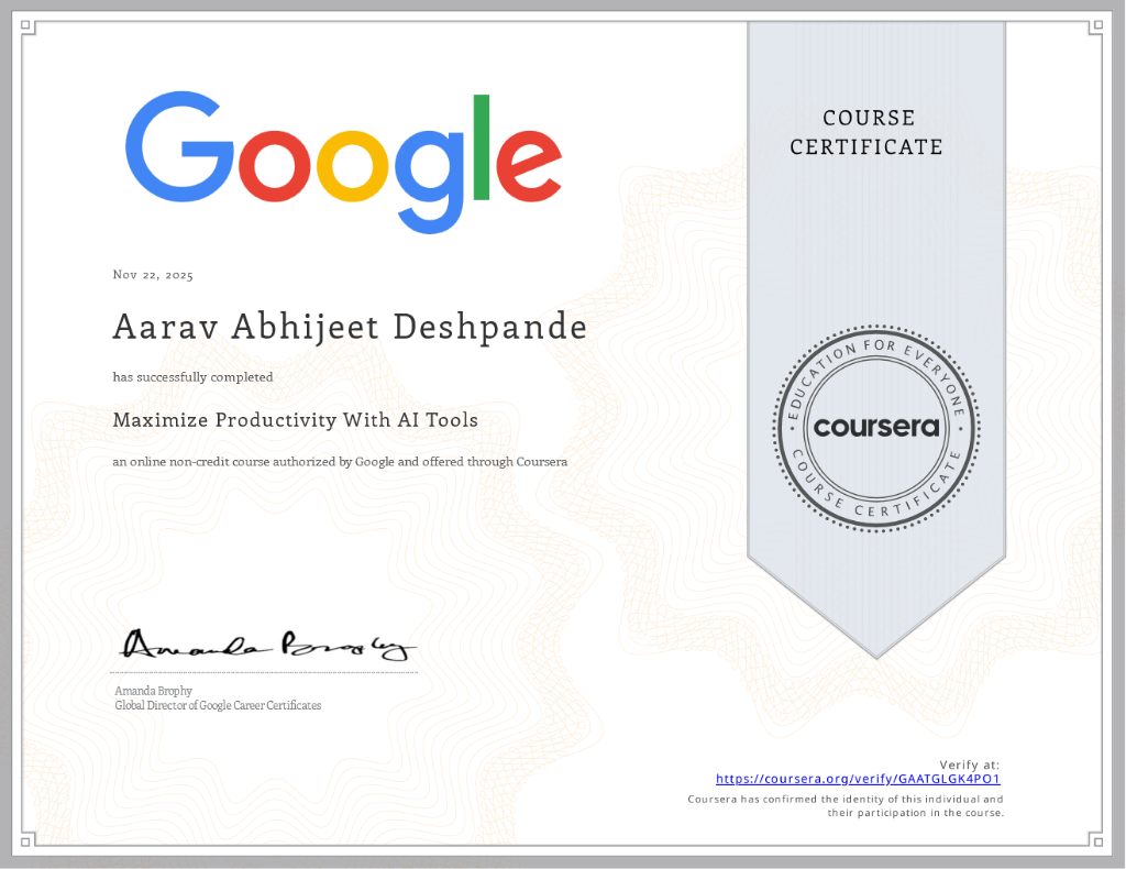 Google Coursera Certificate - Maximize Productivity With AI Tools